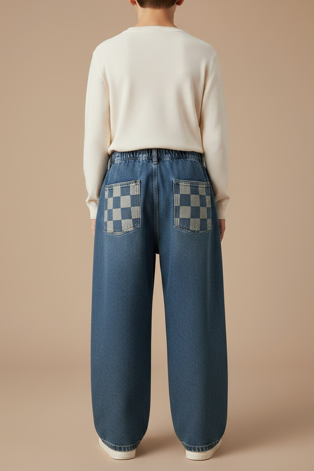 Pantalon Japonais Denim Ample Carreaux Garçon - Bleu Jean - vue 2