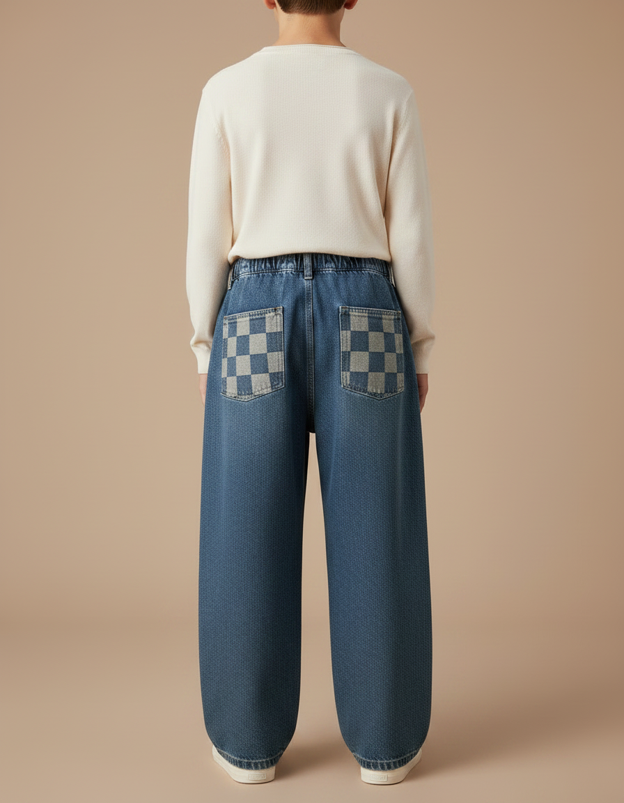 Pantalon Japonais Denim Ample Carreaux Garçon - Bleu Jean - vue 2