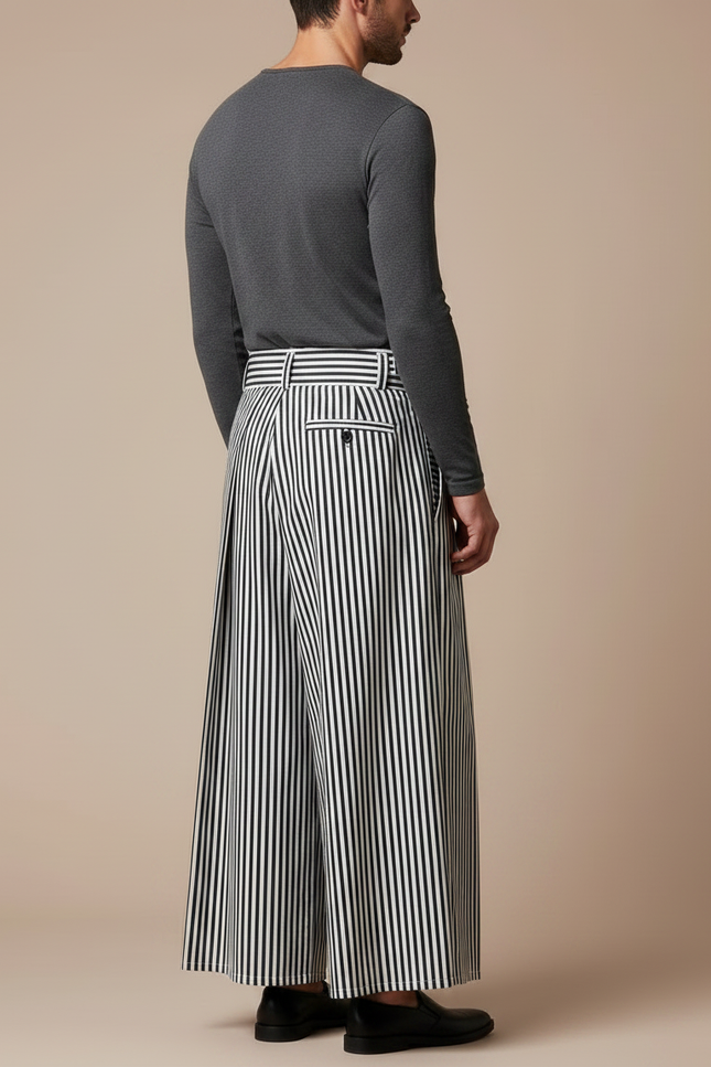 Pantalon Japonais Rayé Plissé Ample Ceinturé Homme - Imprimé Toile - vue 2