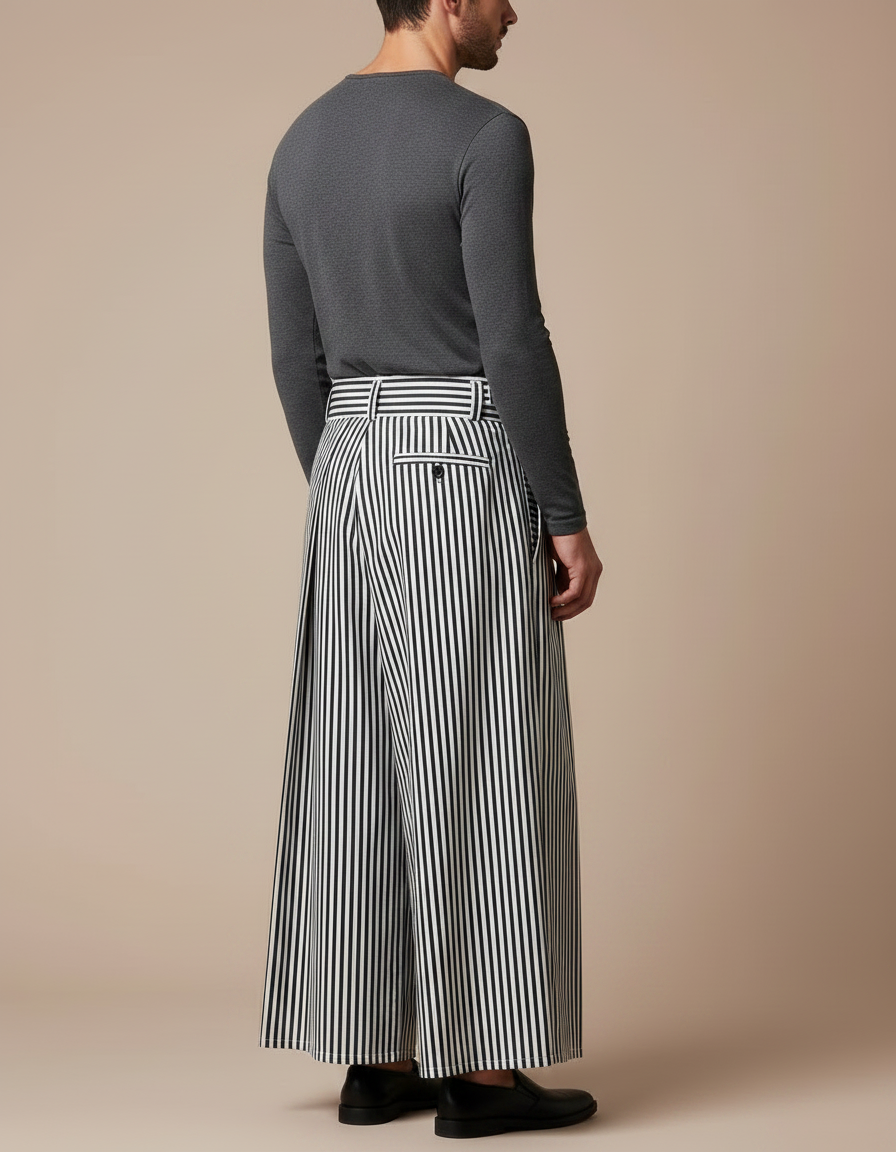 Pantalon Japonais Rayé Plissé Ample Ceinturé Homme - Imprimé Toile - vue 2