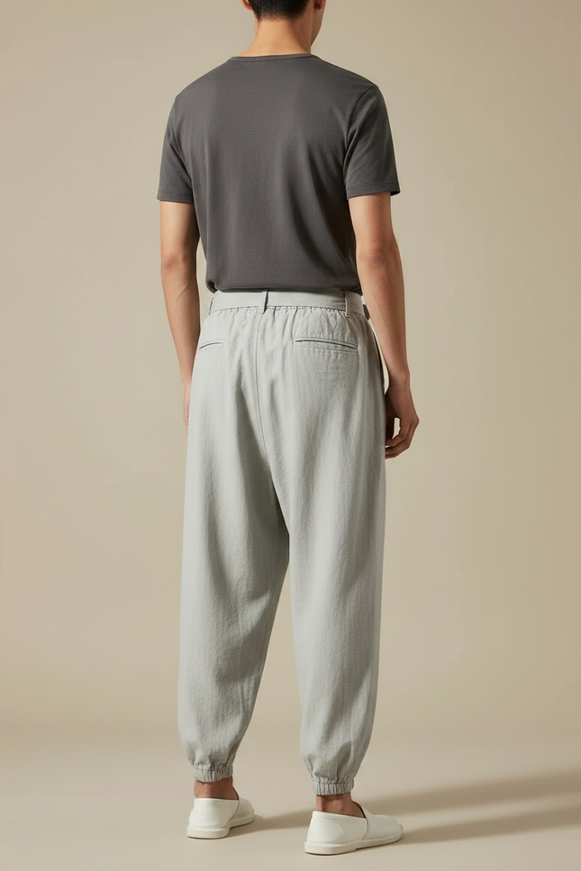 Pantalon Japonais Gris Ample Coton Ceinture Brodé - vue 2