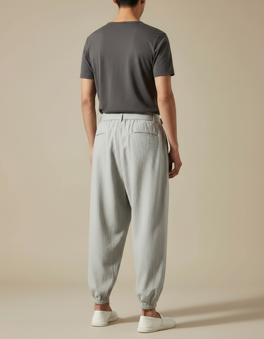 Pantalon Japonais Gris Ample Coton Ceinture Brodé - vue 2