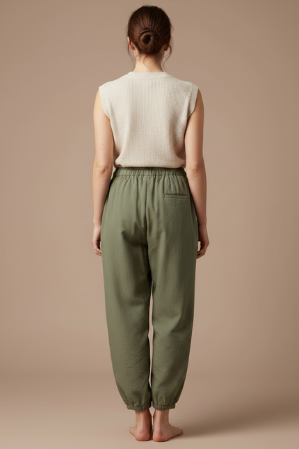 Pantalon Japonais Vert Kaki Ample Coton Fluide Décontracté - vue 2