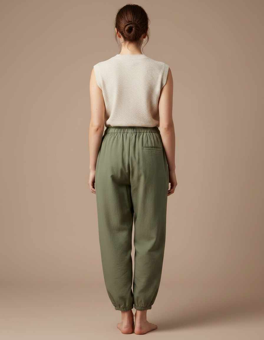 Pantalon Japonais Vert Kaki Ample Coton Fluide Décontracté - vue 2