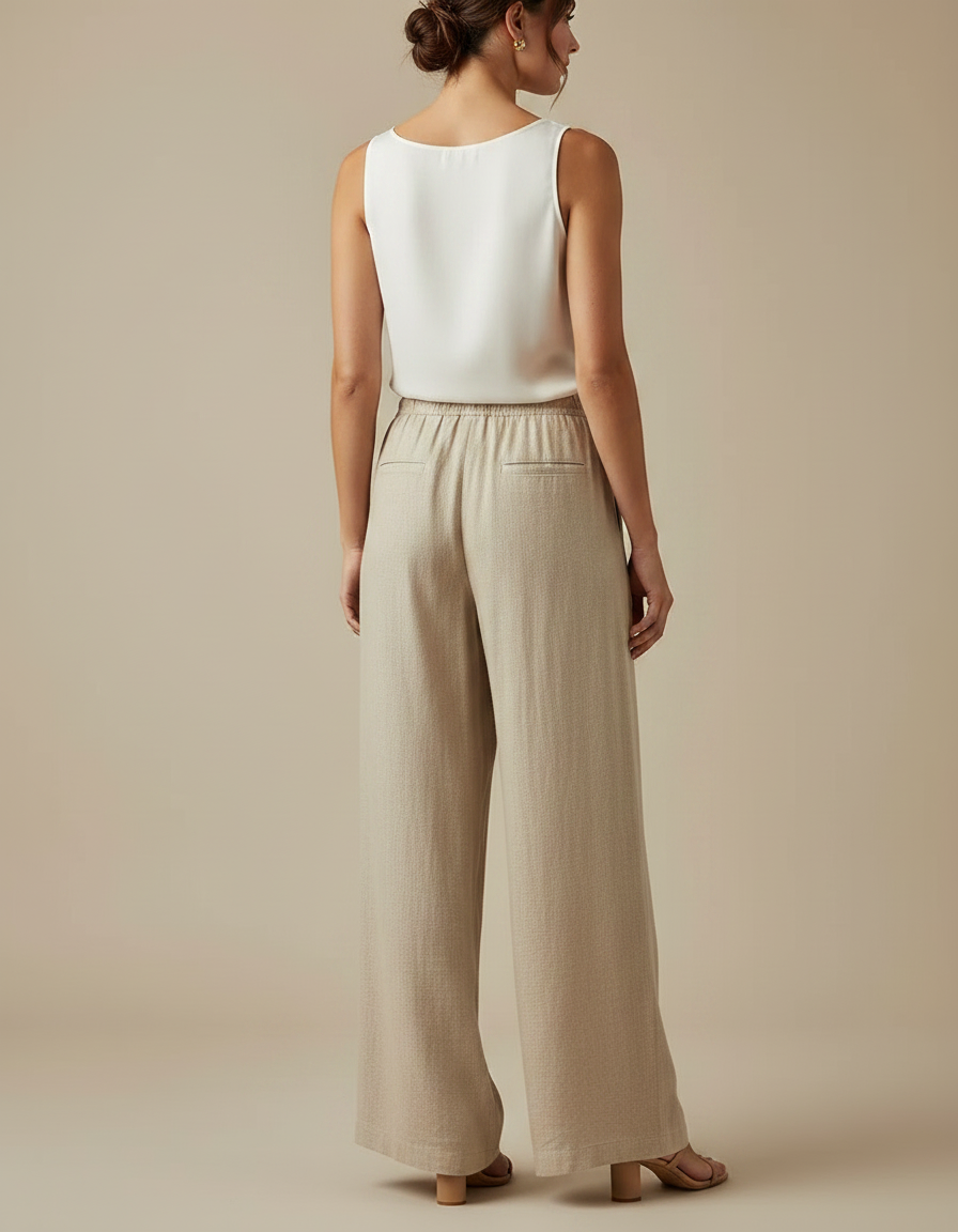 Pantalon Japonais Lin Ample Beige Fluide Décontracté Femme - vue 2