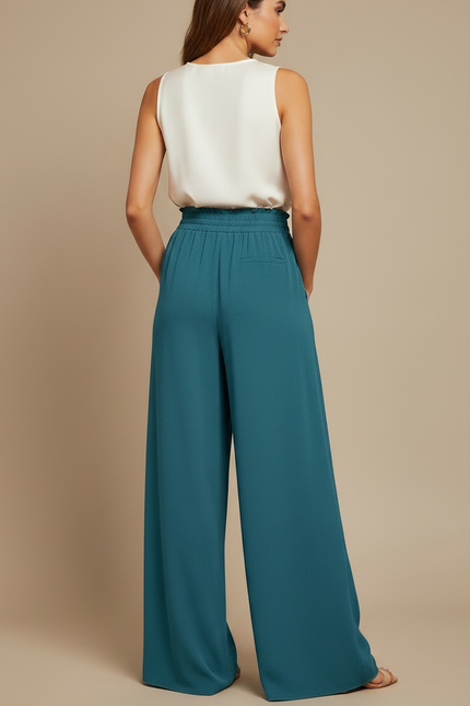 Pantalon Japonais Fluide Ample Taille Élastique Bleu Sarcelle - Viscose - vue 2