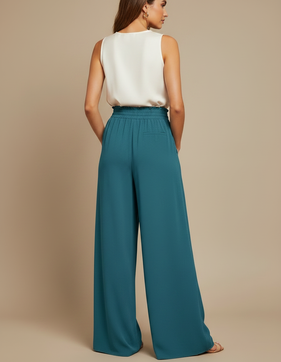 Pantalon Japonais Fluide Ample Taille Élastique Bleu Sarcelle - Viscose - vue 2
