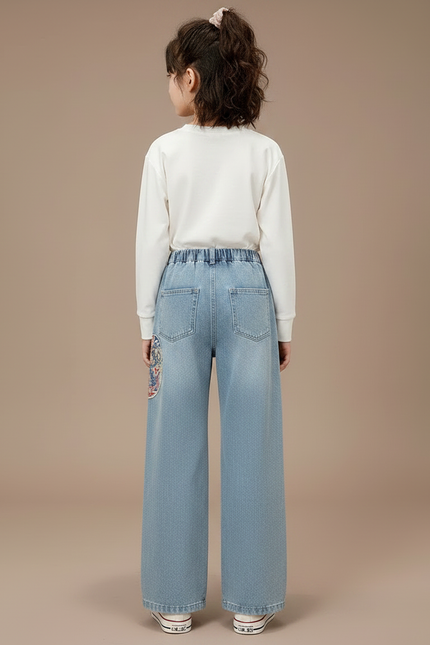 Pantalon Japonais Denim Ample Brodé Fille Décontracté - Bleu Jean - vue 2