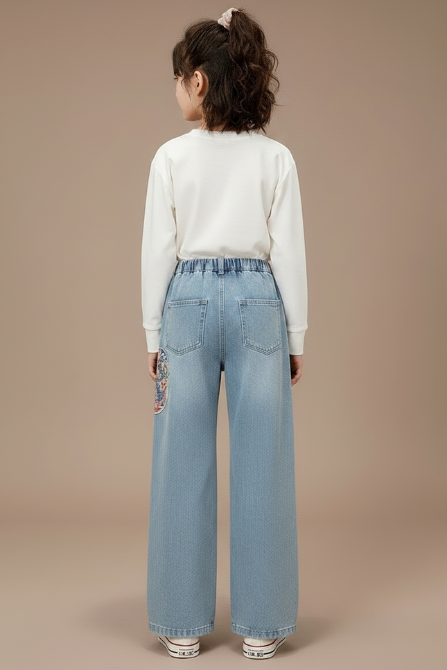 Pantalon Japonais Denim Ample Brodé Fille Décontracté - Bleu Jean - vue 2