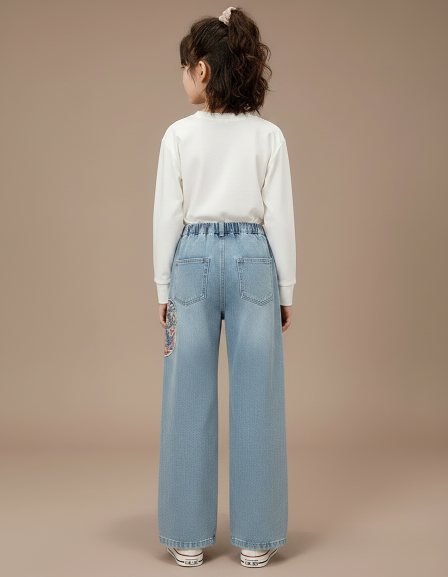 Pantalon Japonais Denim Ample Brodé Fille Décontracté - Bleu Jean - vue 2