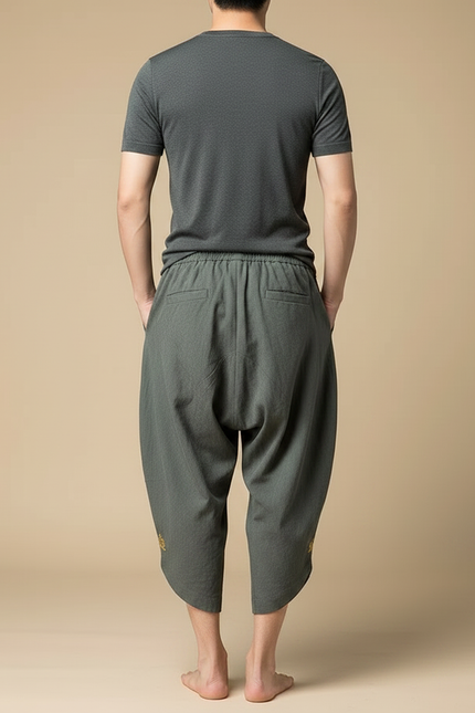 Pantalon Japonais Sarouel Ample Vert Brodé Coton - Lin - vue 2