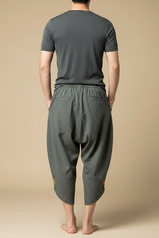 Pantalon Japonais Sarouel Ample Vert Brodé Coton - Lin - vue 2