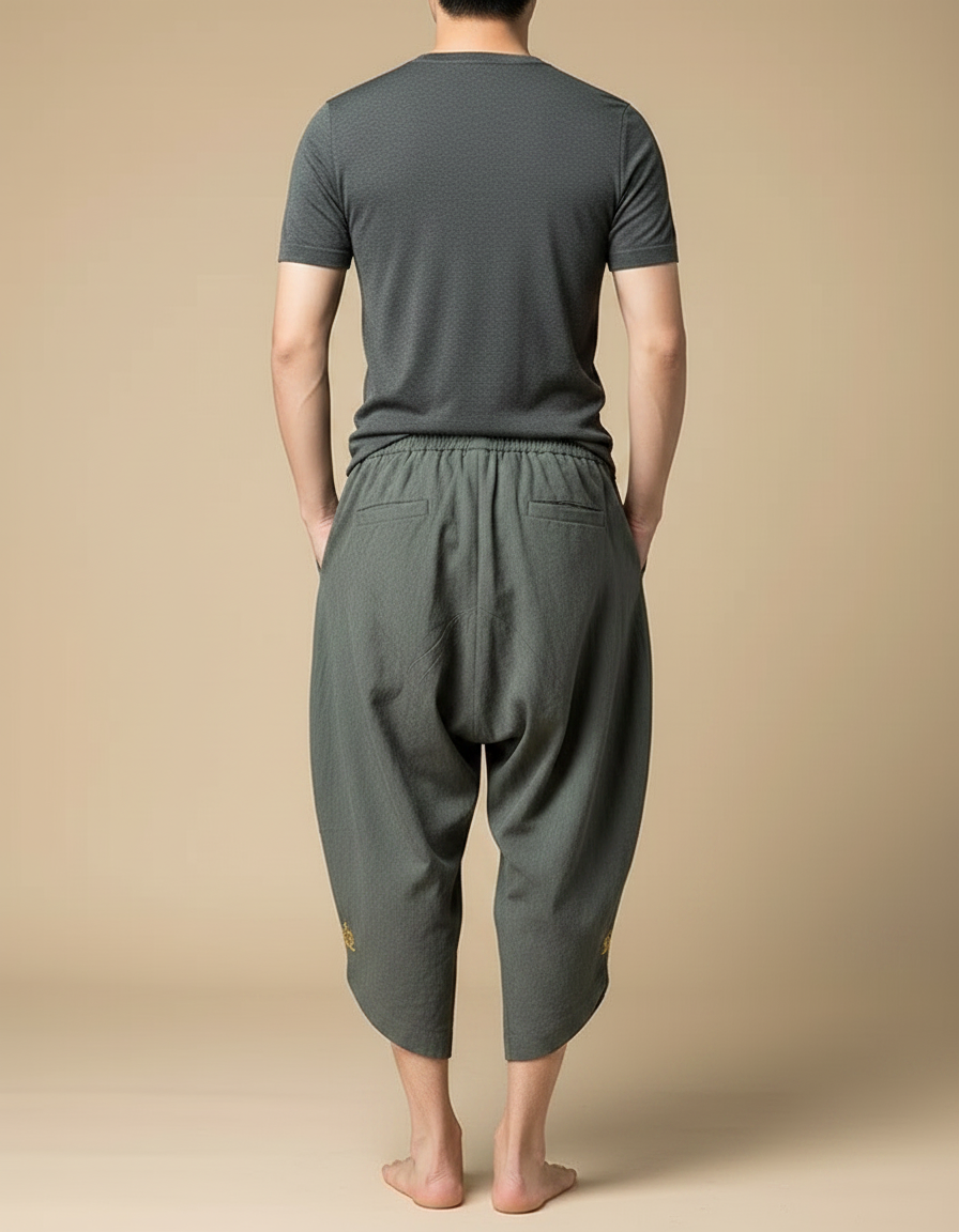 Pantalon Japonais Sarouel Ample Vert Brodé Coton - Lin - vue 2