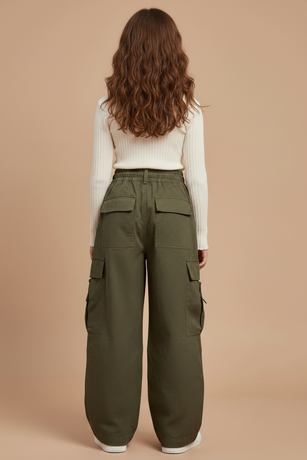 Pantalon Japonais Cargo Vert Ample Plissé Confortable Fille - Kaki Gabardine - vue 2
