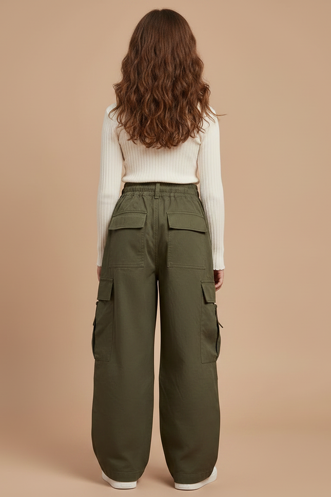 Pantalon Japonais Cargo Vert Ample Plissé Confortable Fille - Kaki Gabardine - vue 2