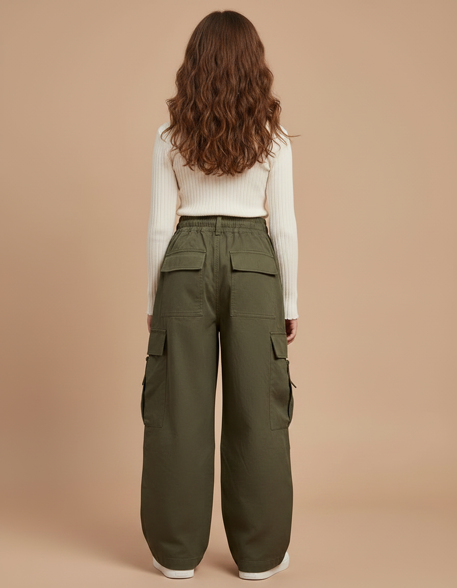 Pantalon Japonais Cargo Vert Ample Plissé Confortable Fille - Kaki Gabardine - vue 2