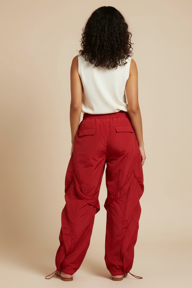 Pantalon Japonais Rouge Cargo Ample Fluide Femme - Polyester - vue 2