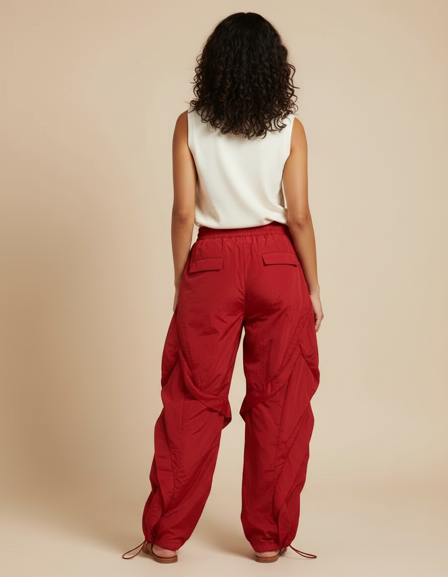 Pantalon Japonais Rouge Cargo Ample Fluide Femme - Polyester - vue 2