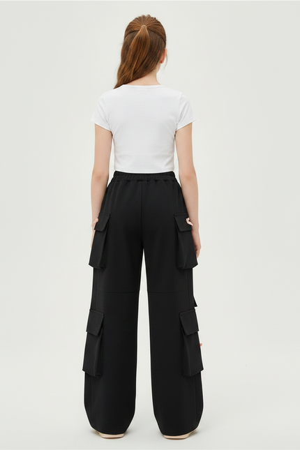 Pantalon Japonais Noir Cargo Ample Cœurs Fille - Polyester - vue 2