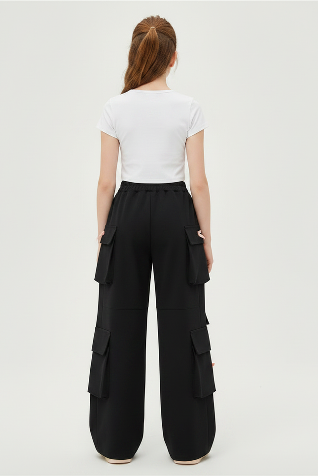 Pantalon Japonais Noir Cargo Ample Cœurs Fille - Polyester - vue 2