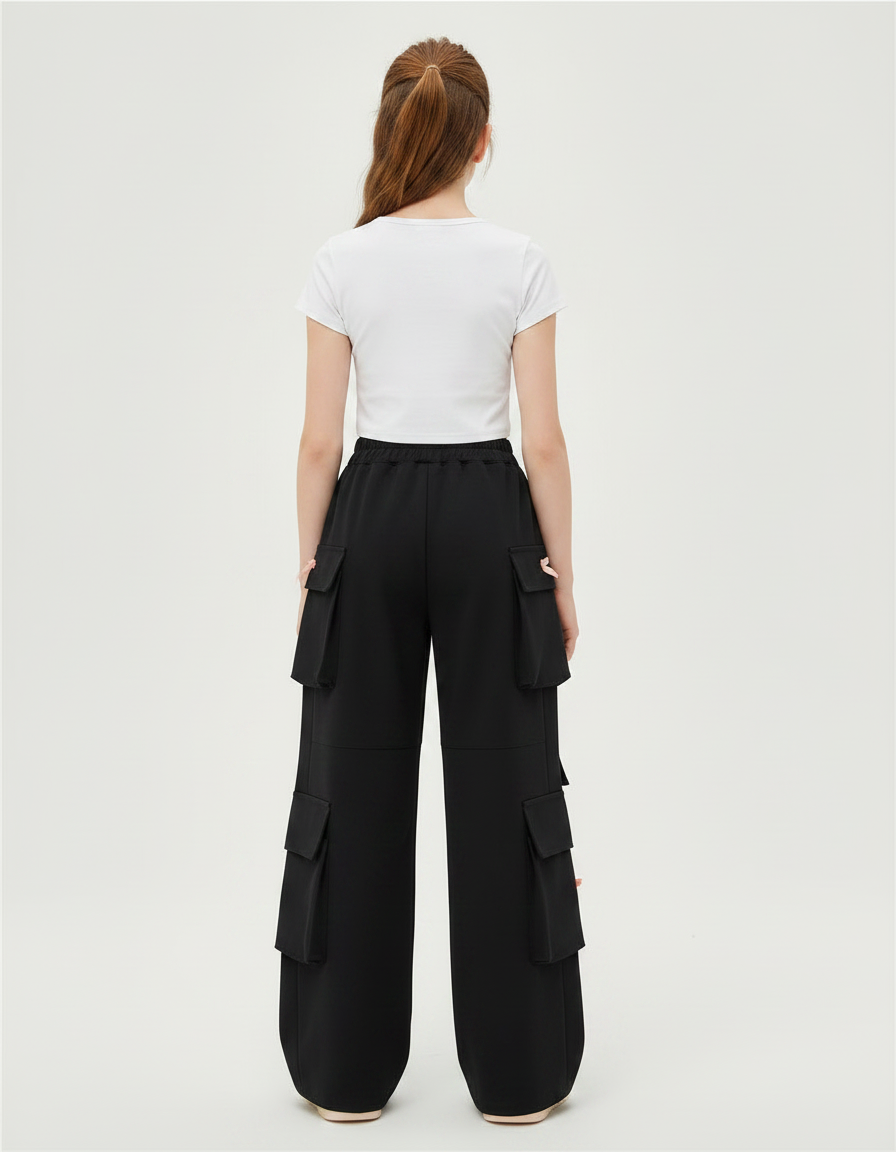 Pantalon Japonais Noir Cargo Ample Cœurs Fille - Polyester - vue 2