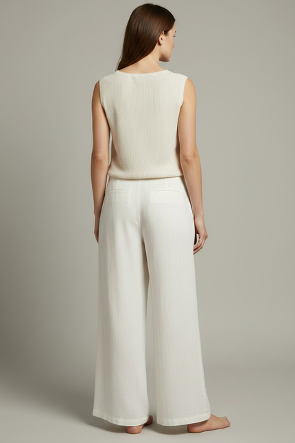 Pantalon Japonais Blanc Cassé Ample Lin Fluide Décontracté - vue 2