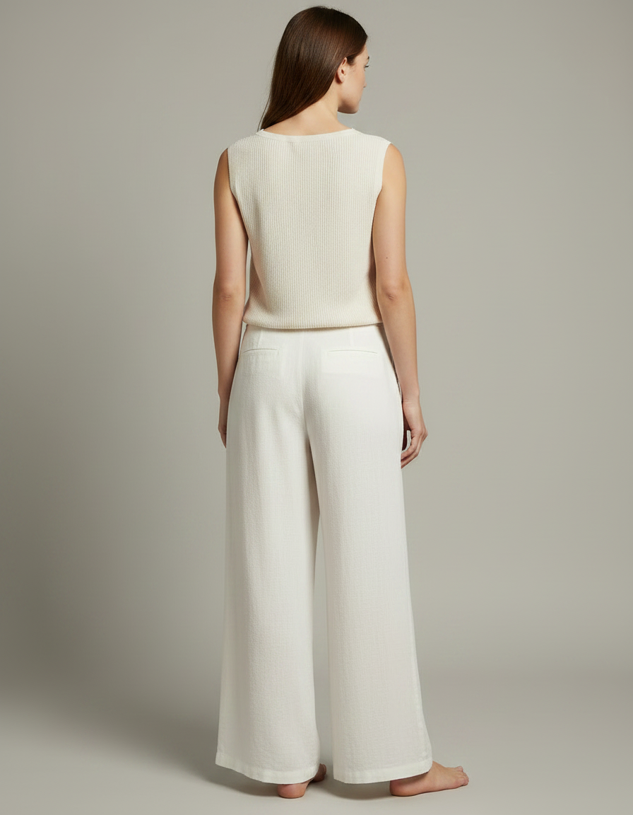 Pantalon Japonais Blanc Cassé Ample Lin Fluide Décontracté - vue 2