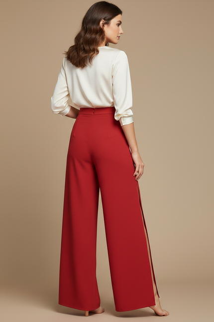 Pantalon Japonais Rouge Fluide Fendu Élégant - Polyester - vue 2