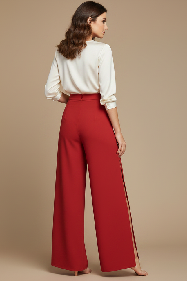 Pantalon Japonais Rouge Fluide Fendu Élégant - Polyester - vue 2