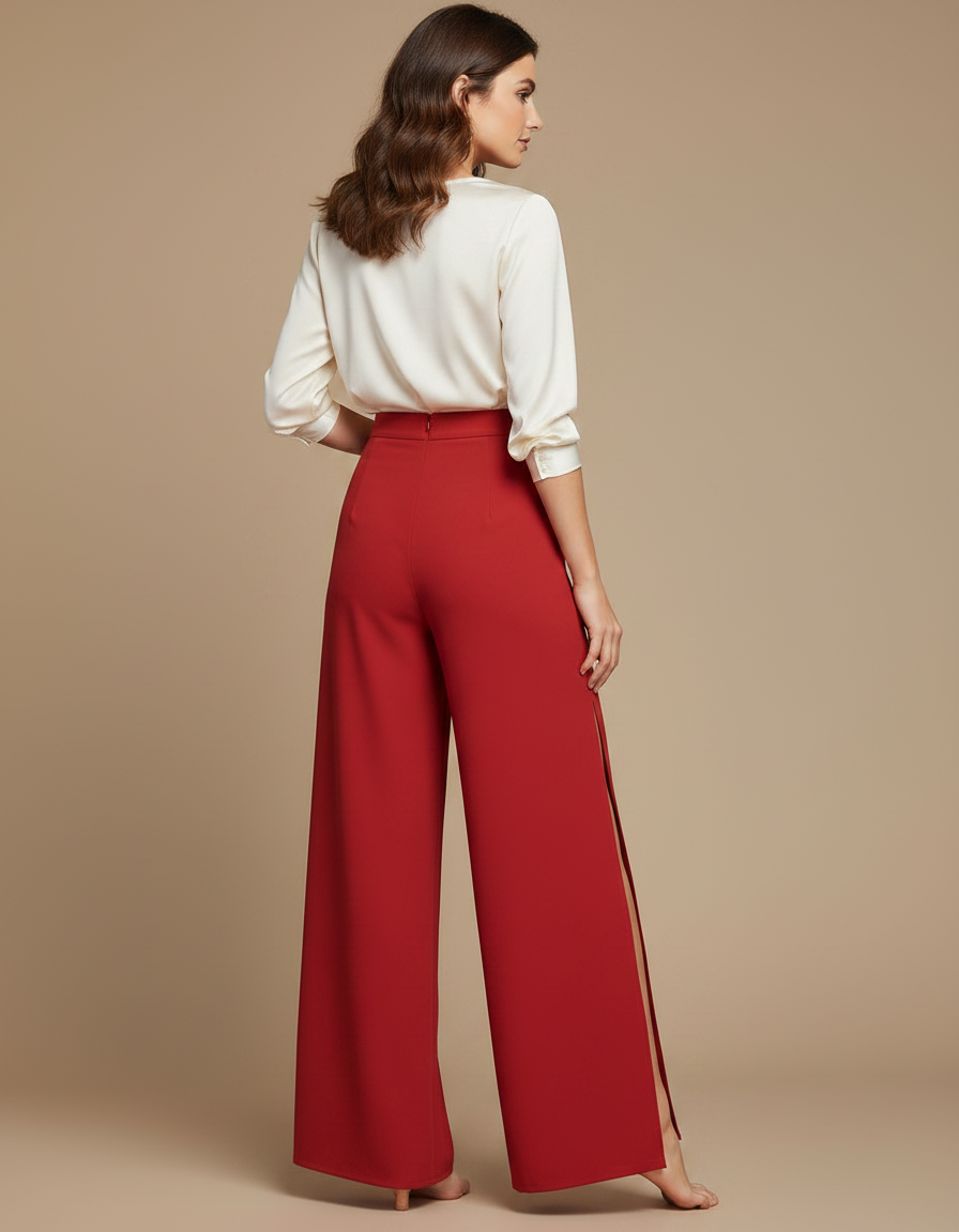 Pantalon Japonais Rouge Fluide Fendu Élégant - Polyester - vue 2
