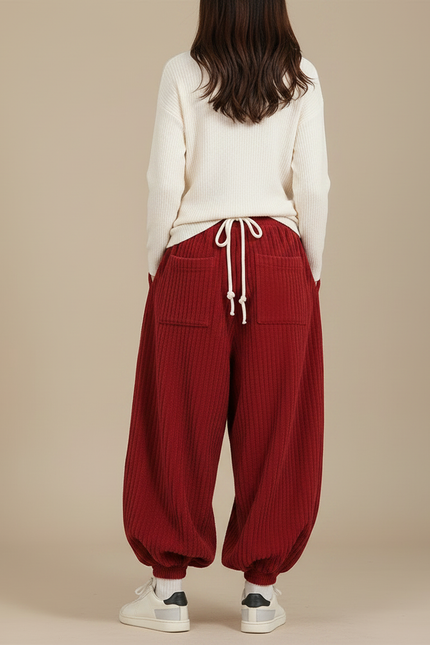 Pantalon Japonais Corduroy Rouge Ample Harem Décontracté - Bordeaux Cordé - vue 2