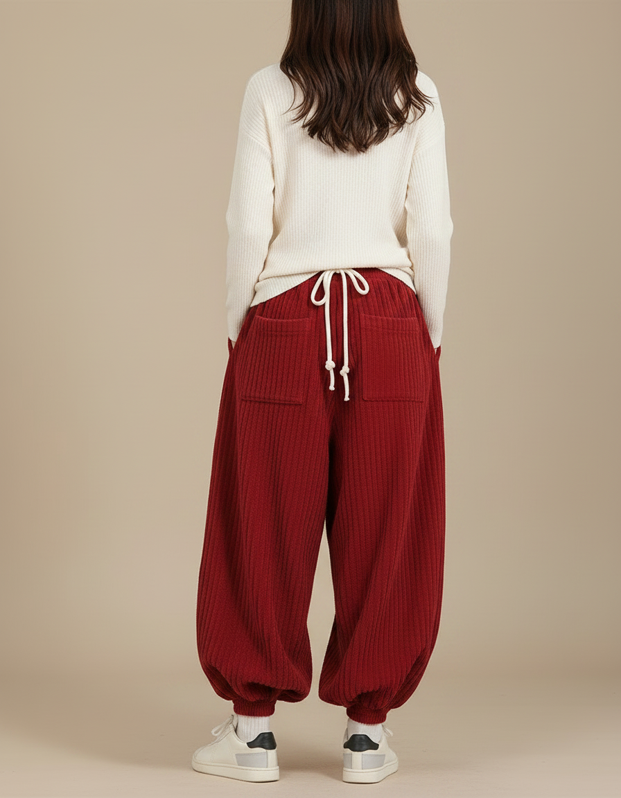 Pantalon Japonais Corduroy Rouge Ample Harem Décontracté - Bordeaux Cordé - vue 2