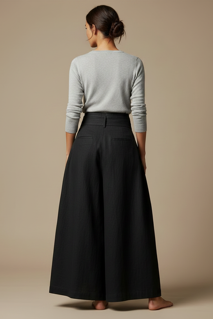 Pantalon Japonais Noir Plissé Ample Taille Haute - Lin - vue 2