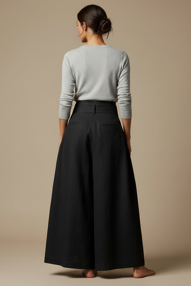 Pantalon Japonais Noir Plissé Ample Taille Haute - Lin - vue 2