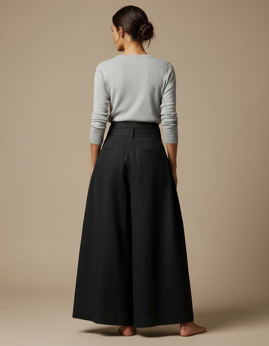 Pantalon Japonais Noir Plissé Ample Taille Haute - Lin - vue 2