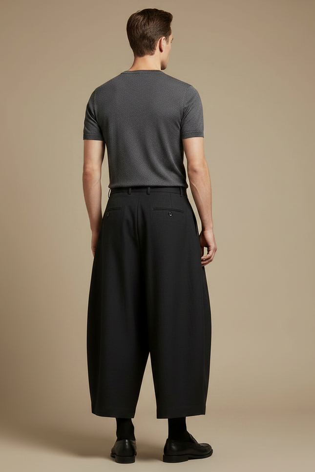 Pantalon Japonais Noir Plissé Ample Court Élégant - Polyester - vue 2
