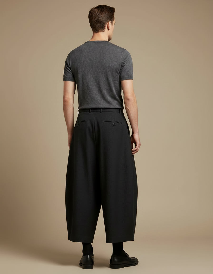 Pantalon Japonais Noir Plissé Ample Court Élégant - Polyester - vue 2