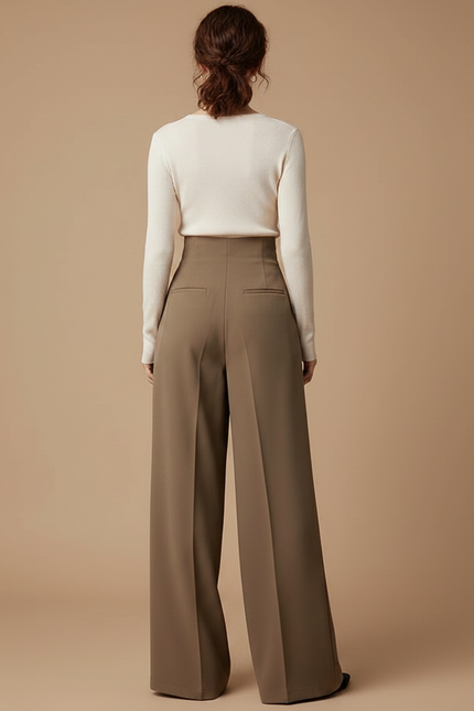 Pantalon Japonais Marron Ample Plissé Élégant Fluide - Kaki Polyester - vue 2