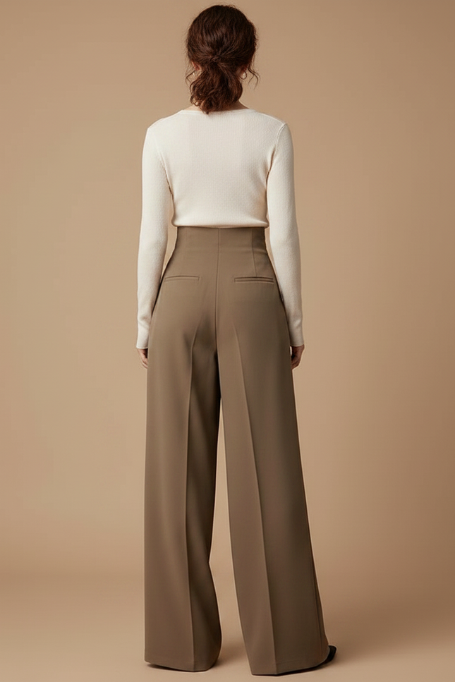 Pantalon Japonais Marron Ample Plissé Élégant Fluide - Kaki Polyester - vue 2