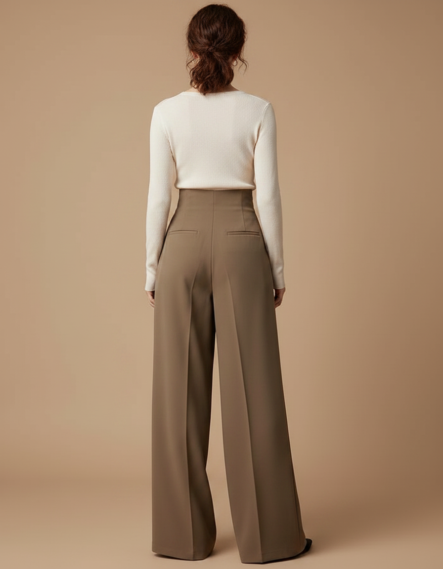 Pantalon Japonais Marron Ample Plissé Élégant Fluide - Kaki Polyester - vue 2