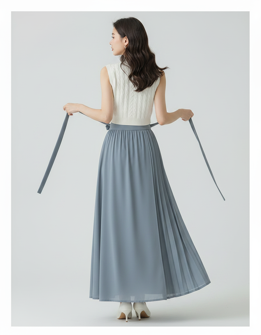 Pantalon Japonais Jupe-culotte Plissé Fluide Élégant Bleu - Polyester - vue 2