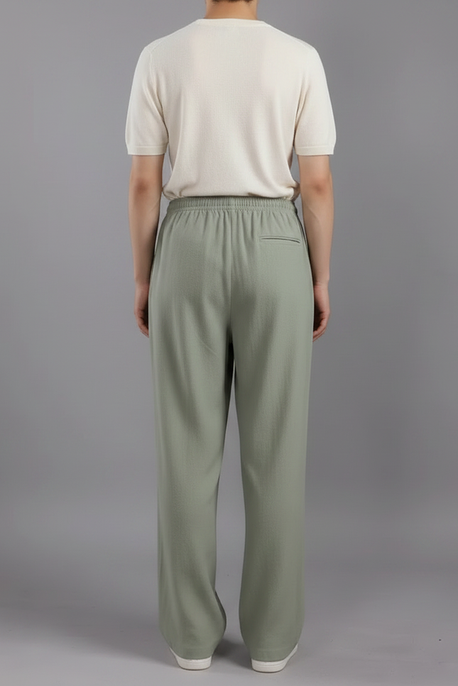 Pantalon Japonais Vert Ample Lin Unisexe Décontracté - vue 2