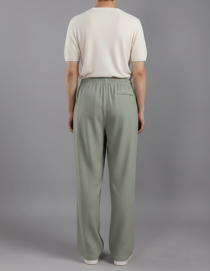 Pantalon Japonais Vert Ample Lin Unisexe Décontracté - vue 2