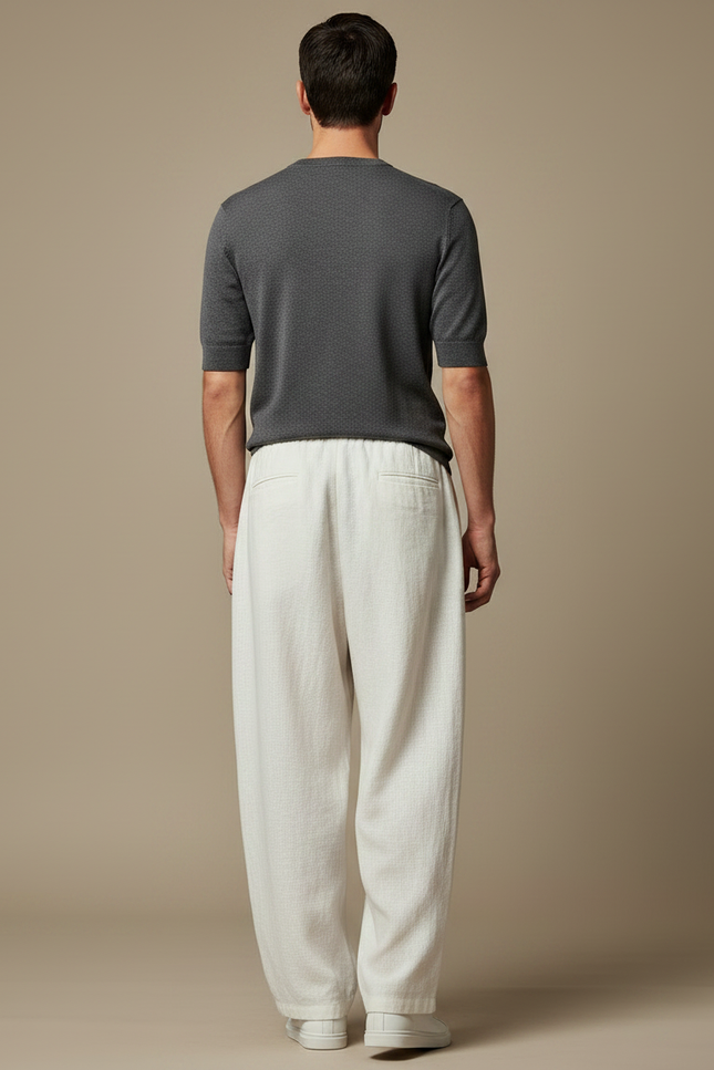 Pantalon Japonais Crème Ample Lin Décontracté Cordon - Beige - vue 2