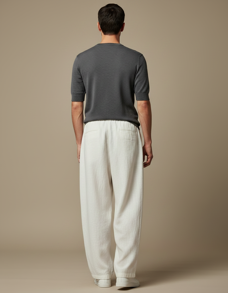 Pantalon Japonais Crème Ample Lin Décontracté Cordon - Beige - vue 2