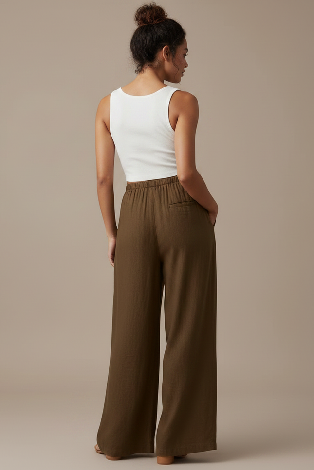 Pantalon Japonais Lin Ample Marron Décontracté Fluide - vue 2