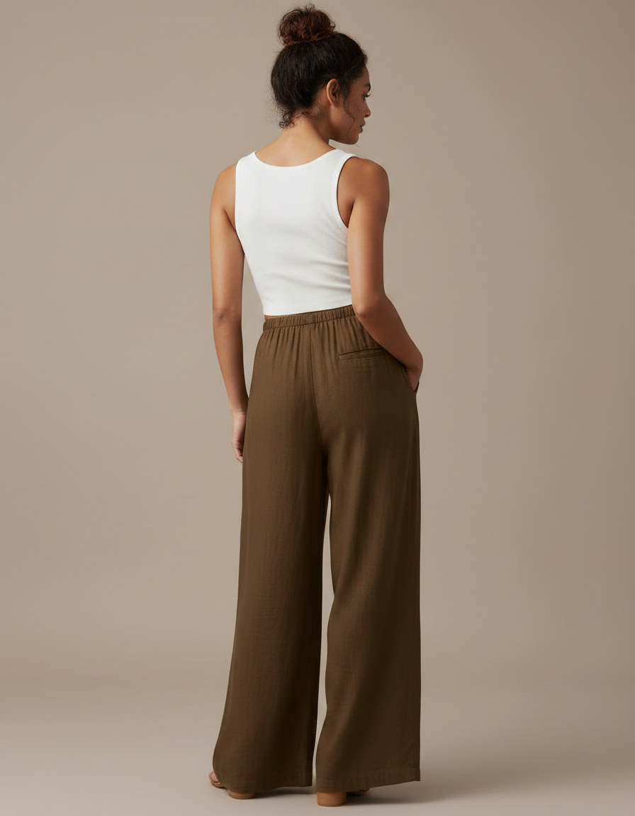 Pantalon Japonais Lin Ample Marron Décontracté Fluide - vue 2