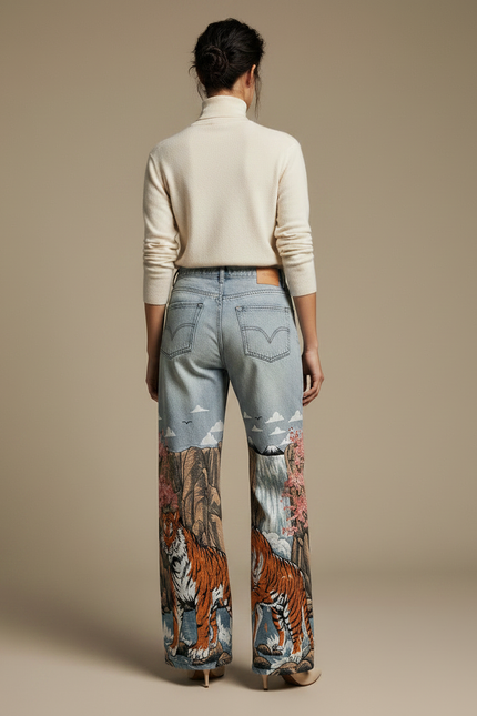 Pantalon Japonais Denim Tigre Imprimé Large Vintage - Jean - vue 2