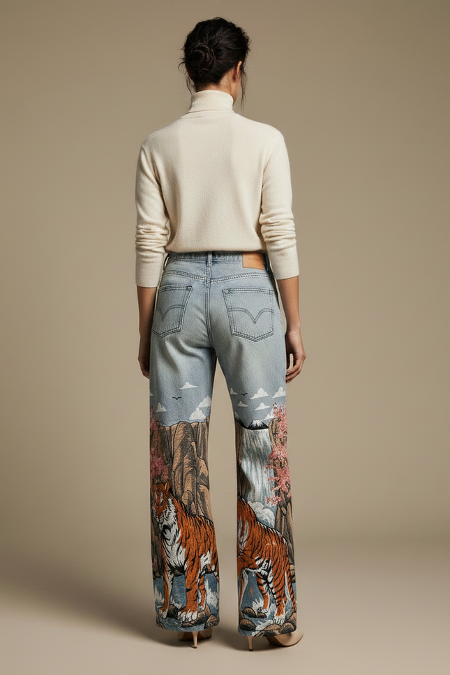 Pantalon Japonais Denim Tigre Imprimé Large Vintage - Jean - vue 2