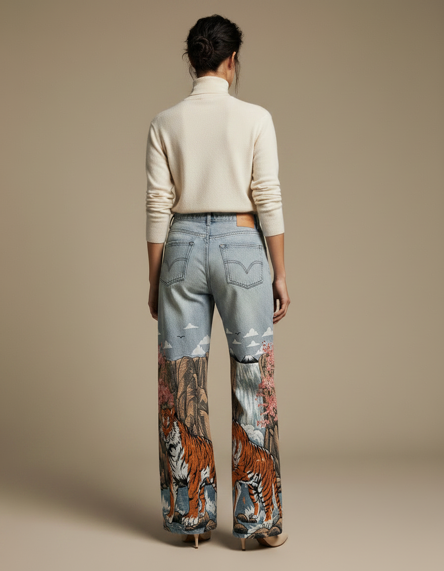Pantalon Japonais Denim Tigre Imprimé Large Vintage - Jean - vue 2